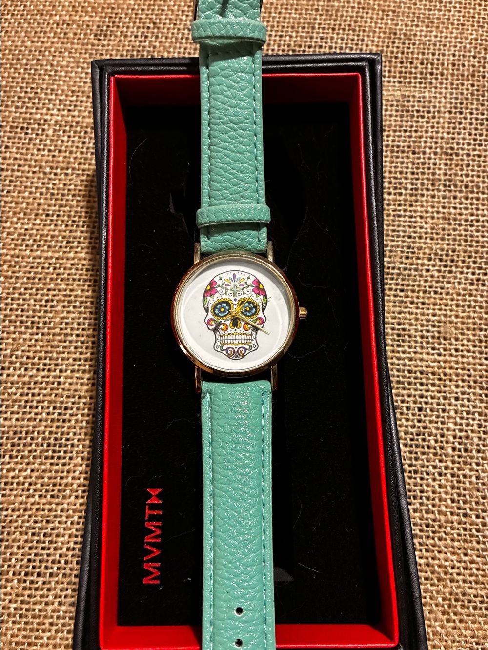 Mint Green Leather Strap Watch with Sugar Skull Dial Accents